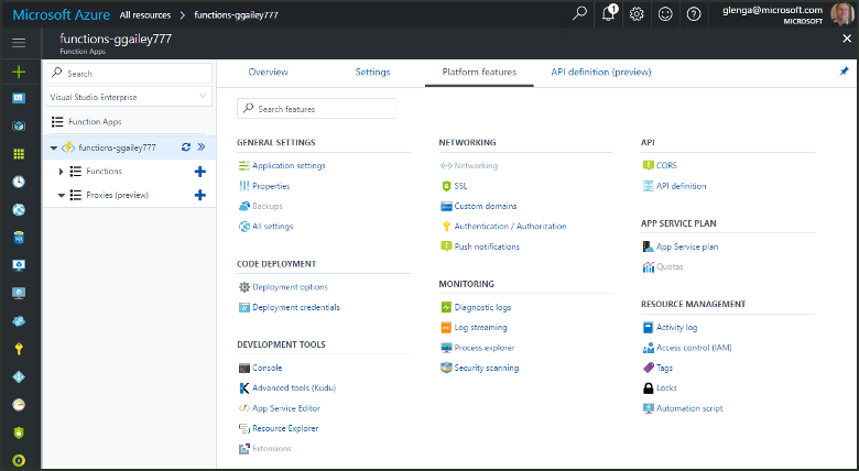 azure-function-app-features-tab