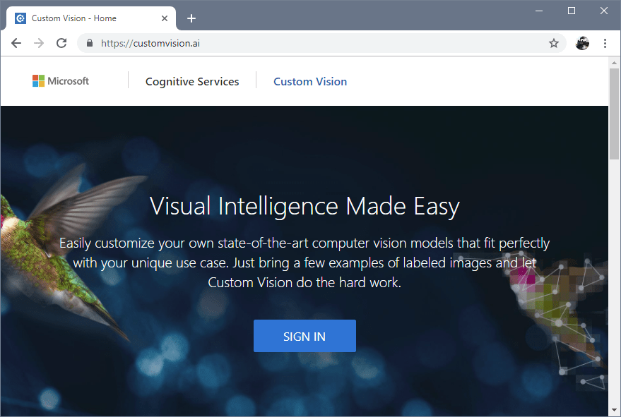 The Custom Vision sign-in page