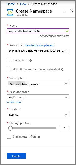 Azure portal Create namespace form for Event Hubs