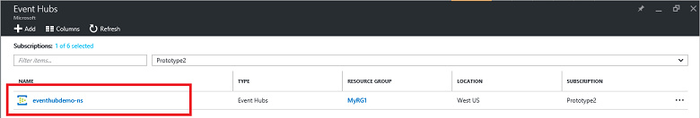 Azure portal Event Hubs namespace list with a namespace selected