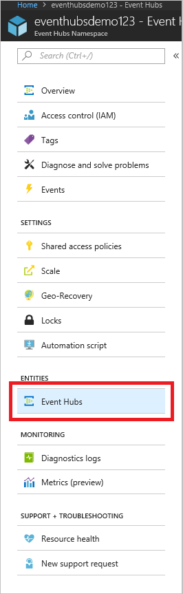 Azure portal namespace blade with Event Hubs selected