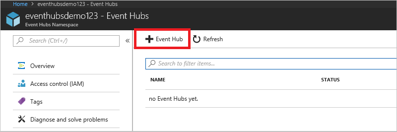 Azure portal Event Hubs blade with the Add Event Hub button