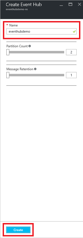 Azure portal form for creating a new event hub