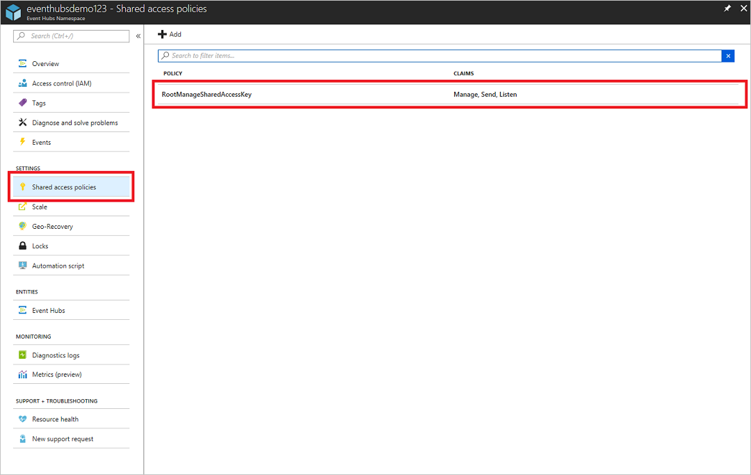 Azure portal showing Shared access policies and RootManageSharedAccessKey
