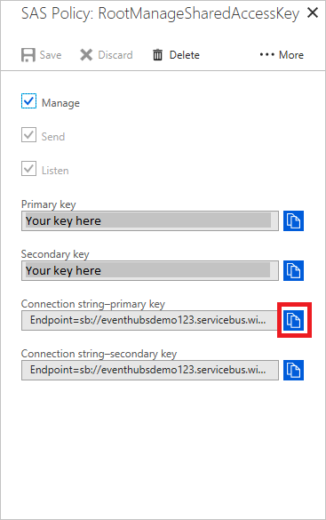 Azure portal showing the Event Hubs connection string copy button