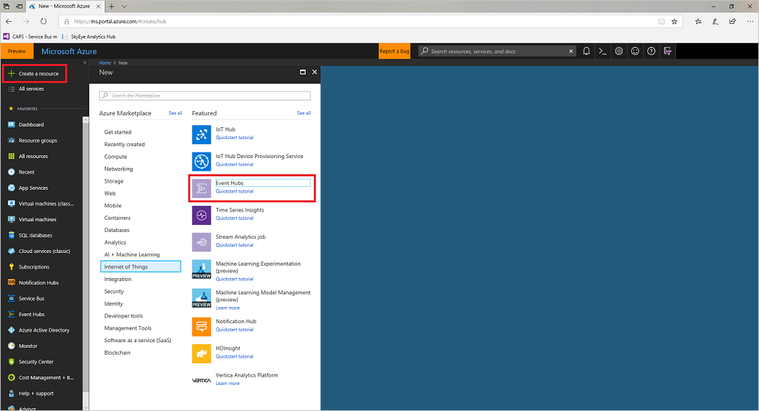 Azure portal showing Event Hubs under Internet of Things
