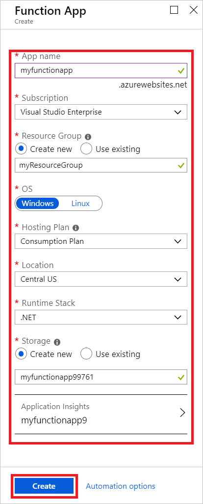Function app configuration form with the settings listed in the table below