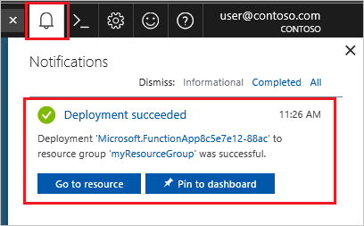 Notification in the upper right of the portal reporting the function app deployment, with a Go to resource link
