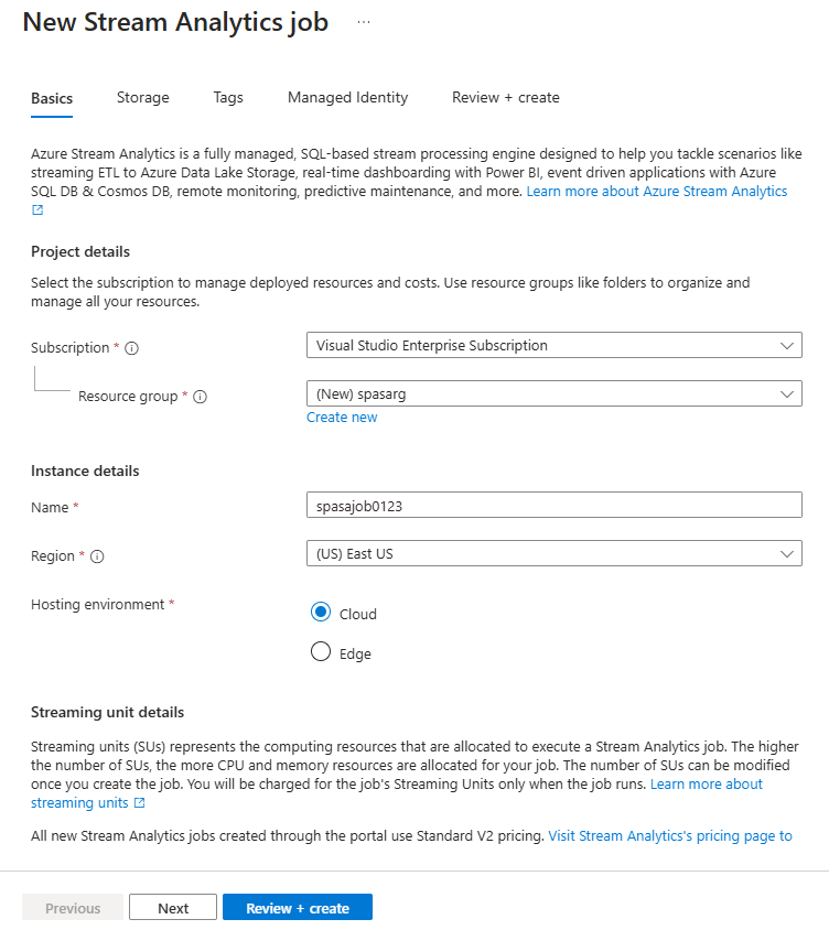 Create a new Stream Analytics job details