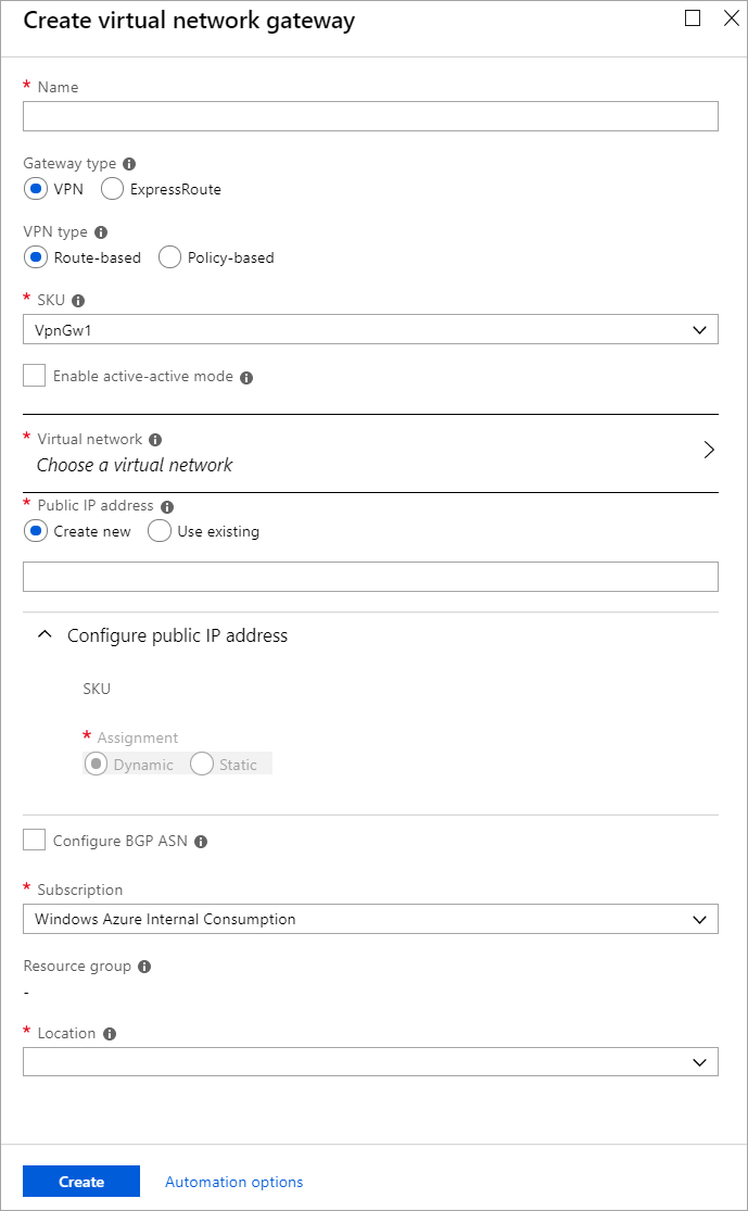 Create virtual network gateway page fields