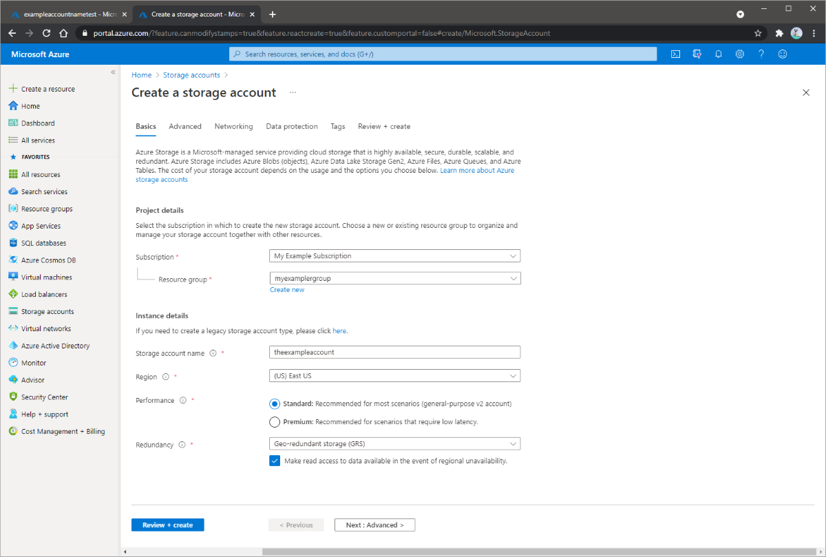 Screenshot showing how to create a storage account in the Azure portal